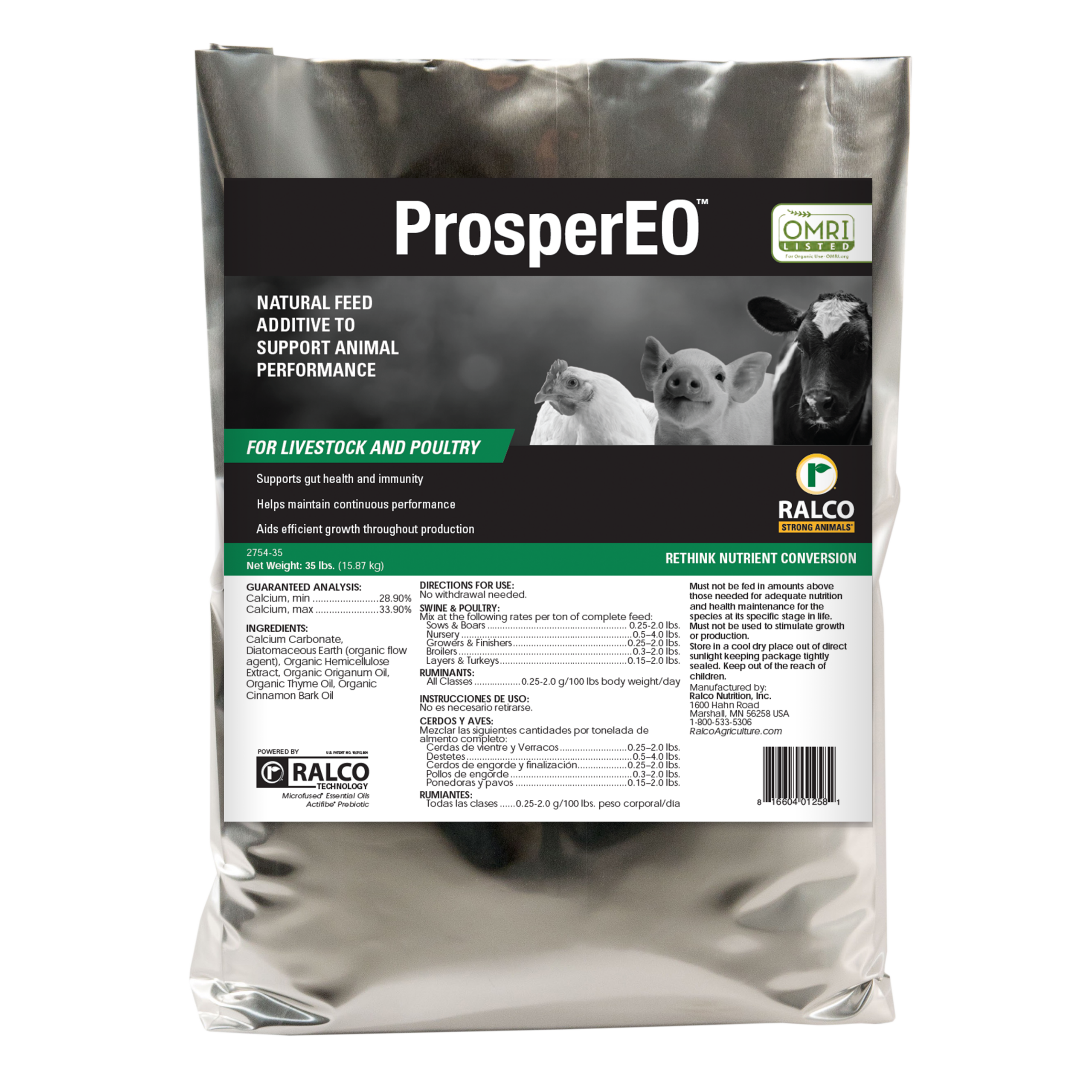 A silver bag labeled "ProsperEO," a natural feed additive for livestock and poultry, featuring images of a chicken, piglet, lamb, and cow. The label details benefits and instructions for use.
