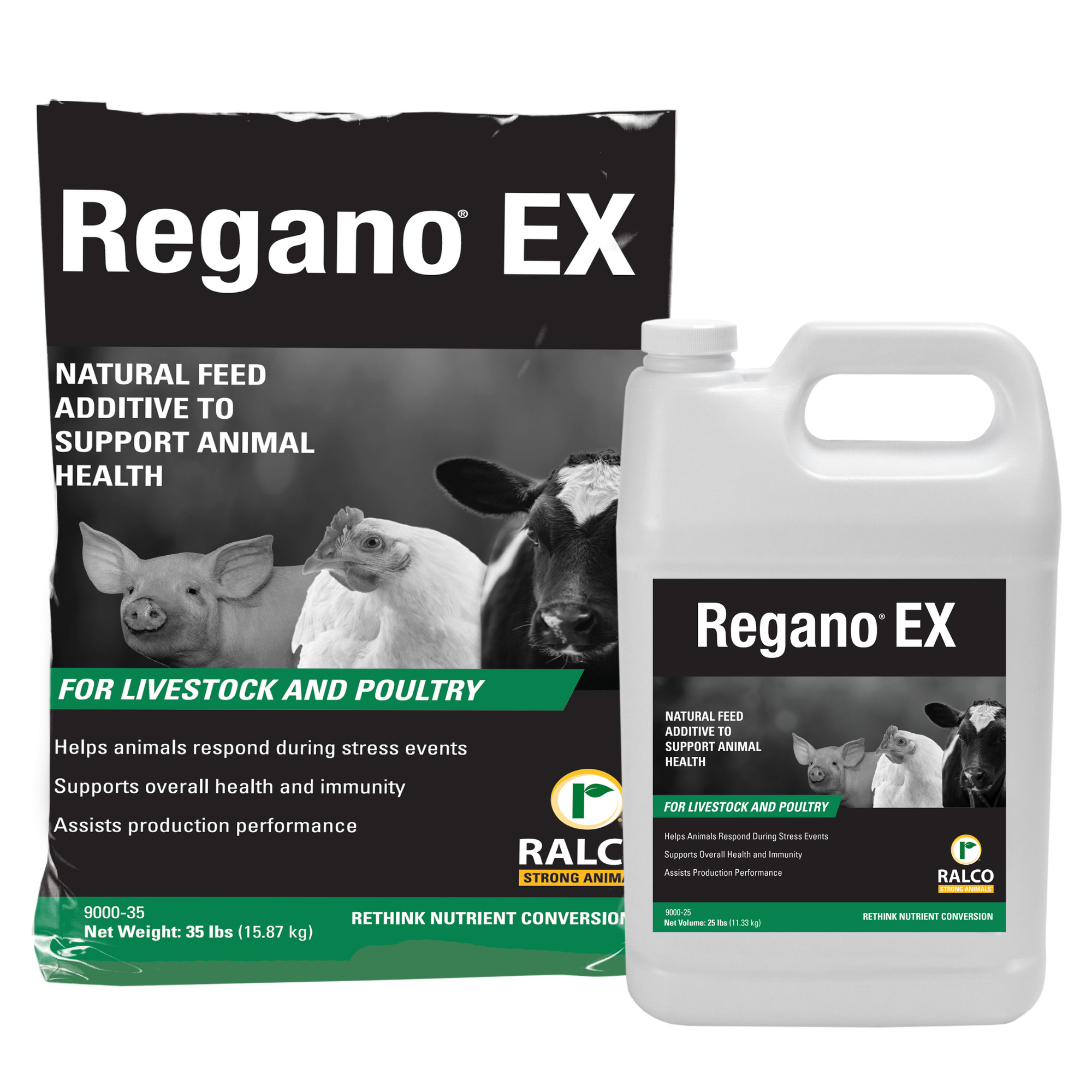 Two containers of Regano EX animal feed additive are shown: a black and white bag and a white plastic jug, both labeled for livestock and poultry with images of a cow, pig, and chicken on the packaging.