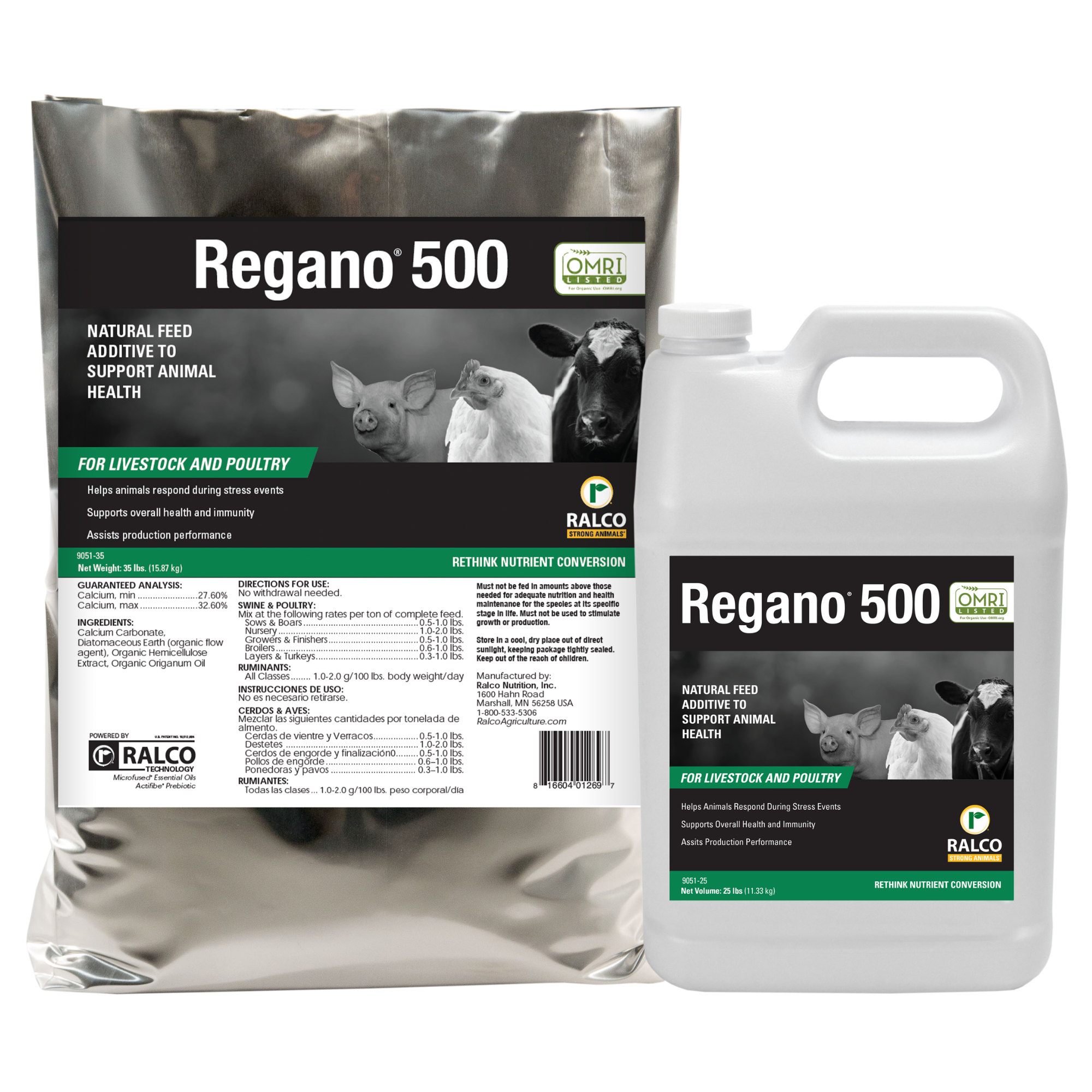 Two containers of Regano 500, a natural feed additive for livestock and poultry, are shown. One is a silver bag and the other is a white plastic jug, both with black labels featuring images of farm animals.