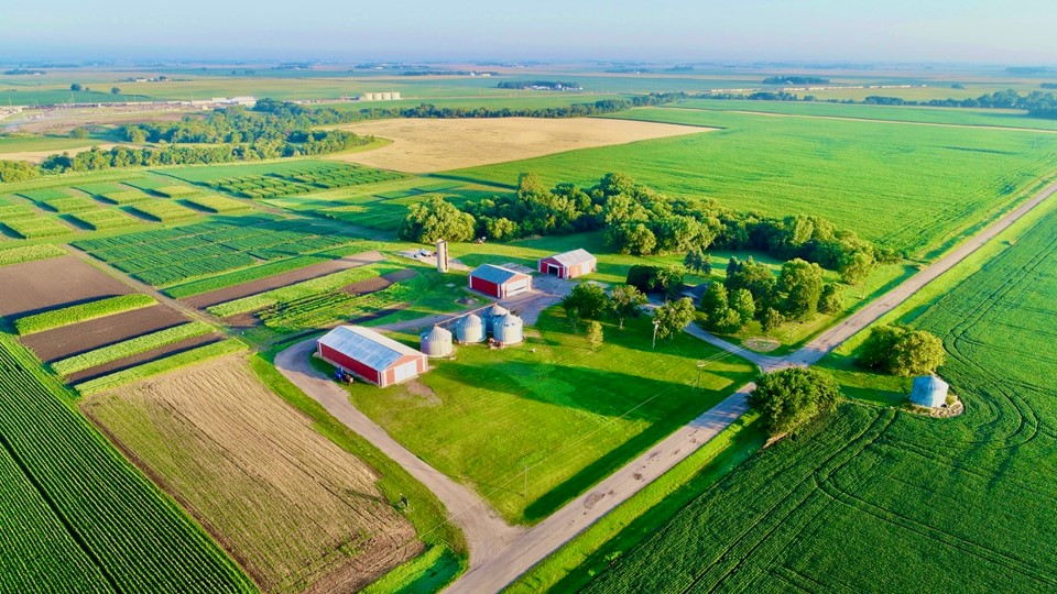 Aerial view of a farm with red barns, silos, green fields, and tree-lined areas under a clear blue sky, surrounded by crops and rural landscape.