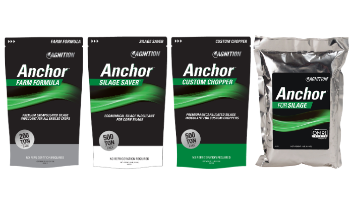 Four bags of Agnition Anchor silage inoculant products are shown: Farm Formula, Silage Saver, Custom Chopper, and For Silage. Each bag has a distinct color accent and product information on the front.