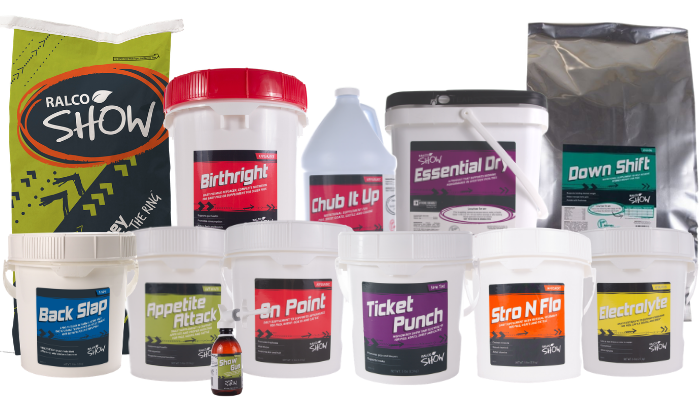 A variety of livestock supplement products in containers and bags, including pails, bottles, and sacks with colorful labels, displayed together against a white background.