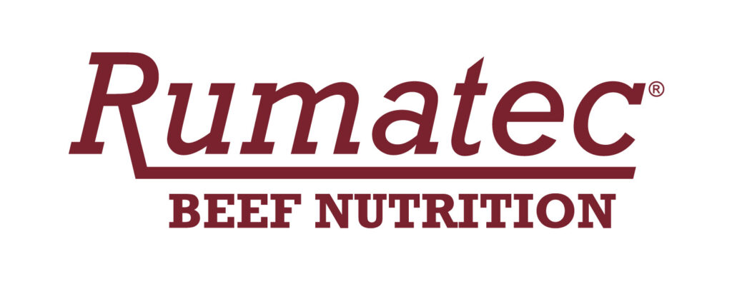 The logo features the word "Rumatec" in large maroon text with a line extending from the "R," and "BEEF NUTRITION" in bold, capital maroon letters underneath.