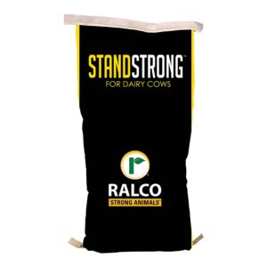 A black and yellow bag labeled "Stand Strong™ for Dairy Cows" with the Ralco logo and "Ralco Strong Animals" displayed beneath the logo.
