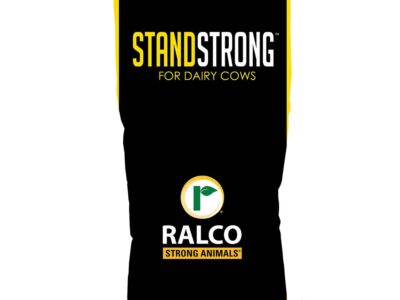 A black and yellow bag labeled "Stand Strong™ for Dairy Cows" with the Ralco logo and "Ralco Strong Animals" displayed beneath the logo.