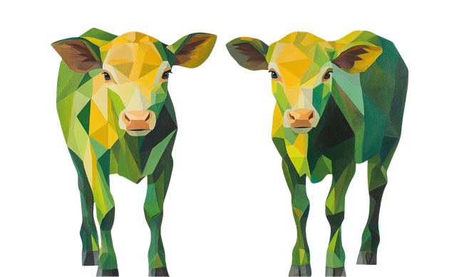 Two calves illustrated in a geometric, low-poly art style with shades of green, yellow, and brown, standing side by side on a plain white background.