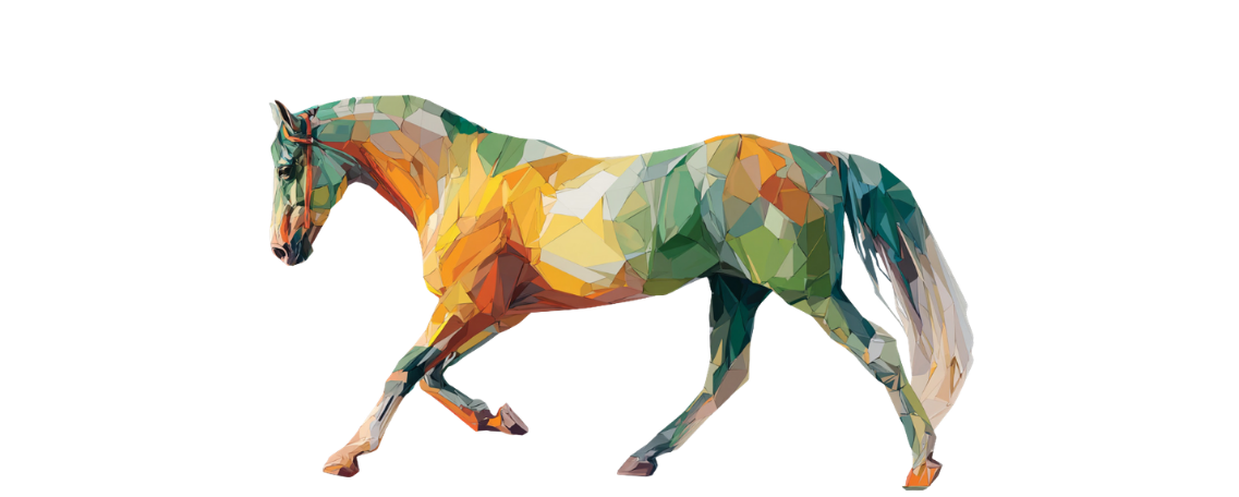 A stylized illustration of a horse, composed of colorful geometric shapes in shades of green, yellow, orange, and blue, walking against a plain white background.