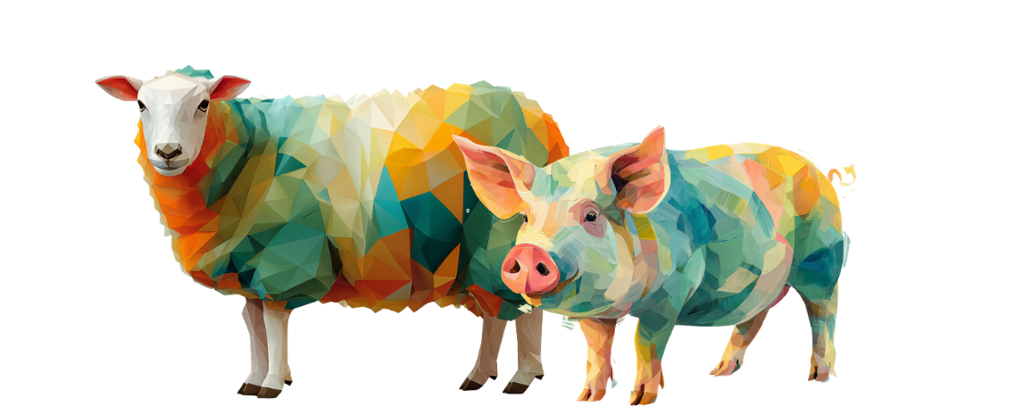 A colorful, low-poly illustration of a sheep and a pig standing side by side on a light background. Both animals are depicted with geometric shapes in shades of green, yellow, orange, and blue.