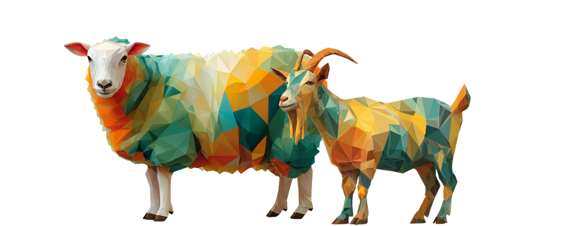 A sheep and a goat illustrated in a colorful, geometric, low-poly style with shades of green, yellow, blue, and orange on a white background.