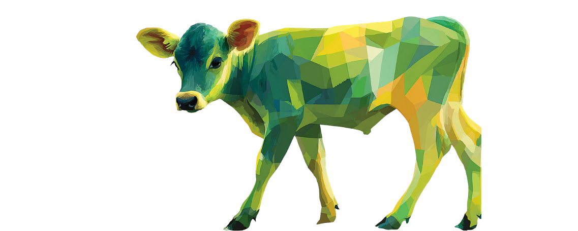 A geometric, polygonal illustration of a cow, featuring shades of green, yellow, and blue on a plain white background.