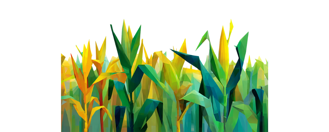 A colorful, geometric illustration of tall corn plants with yellow, green, and blue leaves set against a light background.