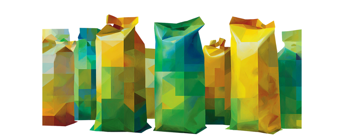 Several colorful, polygonal-style paper bags with various shades of green, yellow, and blue stand upright against a plain white background.