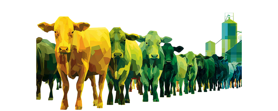 A digital illustration of cows in shades of yellow and green, standing in a line facing forward, with geometric shapes depicting farm buildings in the background.
