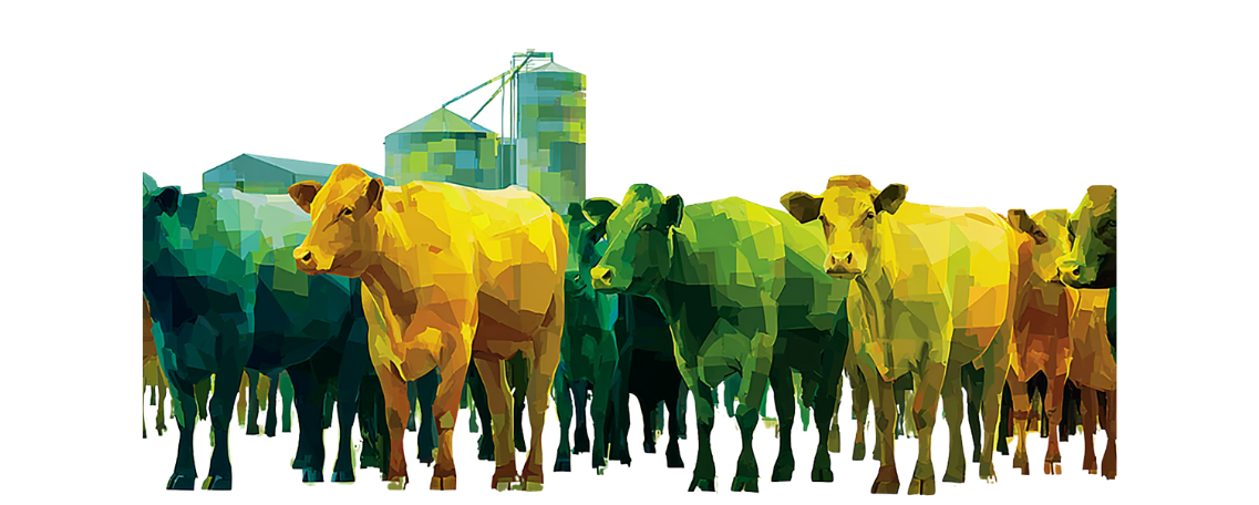 Digital illustration of cows in various shades of green, yellow, and blue, standing in front of stylized farm buildings and silos, all created with geometric, polygonal shapes.