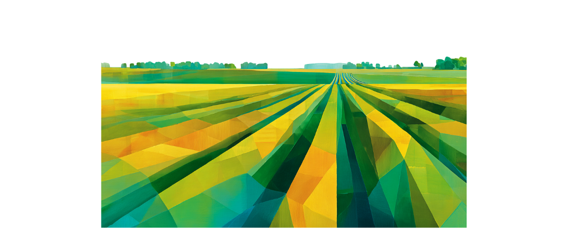 A stylized digital illustration of a green and yellow geometric landscape, showing wide fields with long, straight rows stretching toward a distant horizon under a pale sky.
