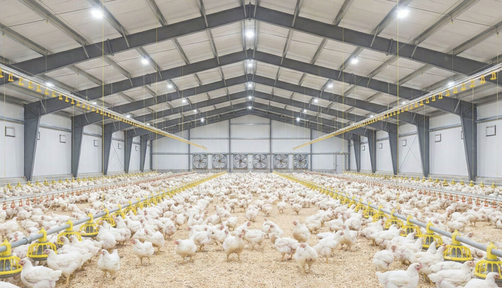 Interior of a large, modern poultry farm with many white chickens on the floor, yellow feeders, and overhead water lines beneath a metal roof with fans on the far wall.