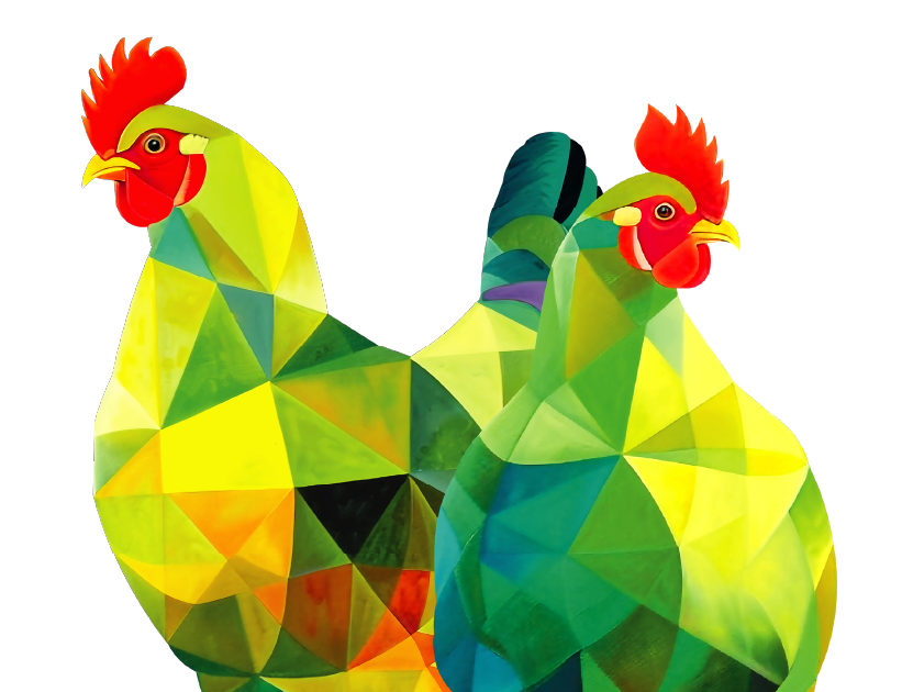 Two brightly colored roosters illustrated in a geometric, polygonal style with shades of yellow, green, orange, blue, and red, standing next to each other on a white background.